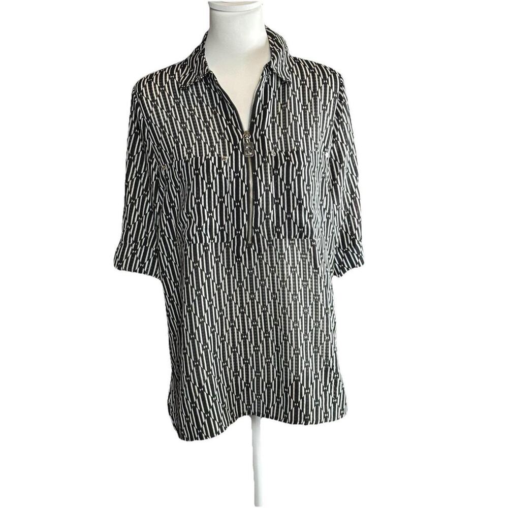 Michael Kors Closet Essential Black White Geometric Print Zip Up Top Womens M